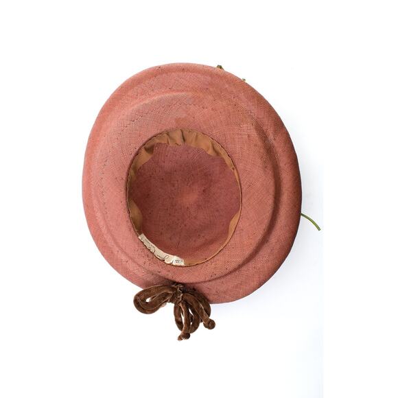 Vintage 1950s Sun Hat 50s White Floral Woven Brown Straw Wide Brim Picture Hat main image 7